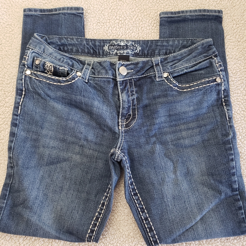 PAISLEY SKY Medium Blue Skinny Denim Jeans w/ White Stitching | Women 12